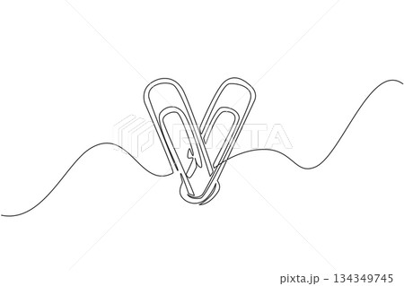 Single continuous line drawing paper clip shaped into a heart. Office needs when want to stick paper without glue. Does not damage paper. National Paperclip Day. One line design vector illustration 134349745