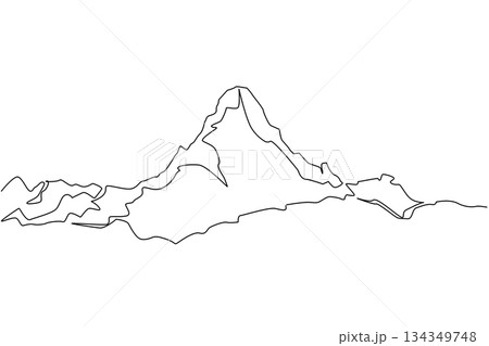 Single one line drawing Himalayas. The view of the highest mountain in the world before the eyes. Very extreme climbing route. Snowy. Mount Everest Day. Continuous line design graphic illustration 134349748