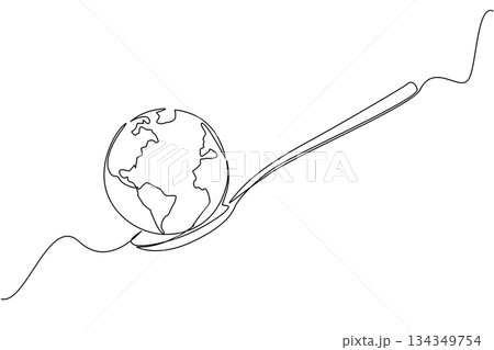 Continuous one line drawing a spoon with a globe on the end. Supporting the formation of a more serious world food agency. Rise awareness. World Hunger Day. Single line draw design vector illustration 134349754