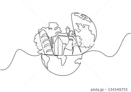 Single one line drawing half round globe with open top with French bread, glass bottle of milk, vegetables. Lack of nutritional equity. World Hunger Day. Continuous line design graphic illustration 134349755