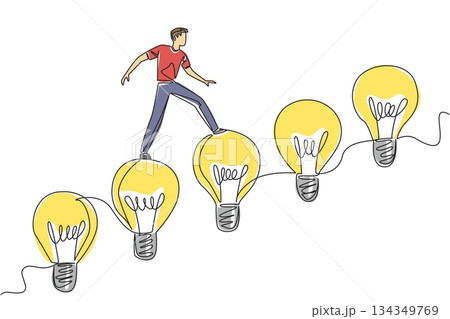 Single continuous line drawing a man walks on light bulbs arranged like stairs. Step carefully leaving wrong thoughts behind. Innovation. National Creativity Day. One line design vector illustration Single continuous line drawing a man walks on light bulbs arranged like stairs. Step carefully leaving wrong thoughts behind. Innovation. National Creativity Day. One line design vector illustration 134349769