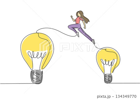 Single one line drawing a woman jumps from a small light bulb to a large light bulb. Freedom of thought that is beneficial. Idea. National Creativity Day. Continuous line design graphic illustration Single one line drawing a woman jumps from a small light bulb to a large light bulb. Freedom of thought that is beneficial. Idea. National Creativity Day. Continuous line design graphic illustration 134349770