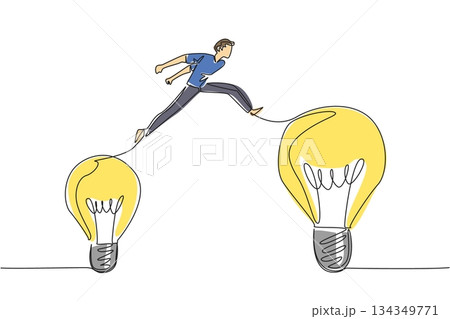 Single one line drawing a man jumps from a small lightbulb to a large light bulb. Moving freely is the result of positive thinking. National Creativity Day. Continuous line design graphic illustration 134349771