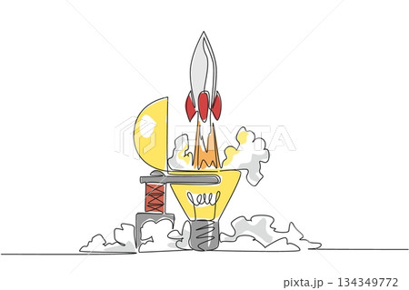 Continuous one line drawing rocket fly from inside lightbulb with the top open. The result of genius thinking. New opportunities. National Creativity Day. Single line draw design vector illustration Continuous one line drawing rocket fly from inside lightbulb with the top open. The result of genius thinking. New opportunities. National Creativity Day. Single line draw design vector illustration 134349772