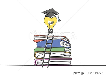 Single one line drawing lightbulb with toga floats above pile of thick books and ladder. Raising level of thinking for graduation. National Creativity Day. Continuous line design graphic illustration Single one line drawing lightbulb with toga floats above pile of thick books and ladder. Raising level of thinking for graduation. National Creativity Day. Continuous line design graphic illustration 134349773