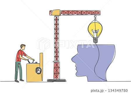 Single continuous line drawing a man controls crane inserts lightbulb into big open silhouette of a head. Strengthen memory. Refreshing. National Creativity Day. One line design vector illustration 134349780