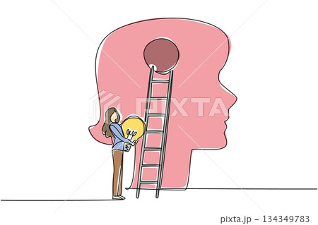 Continuous one line drawing a woman carrying lightbulb wants to climb ladder attached to big head silhouette. Improve way of think. National Creativity Day. Single line draw design vector illustration 134349783