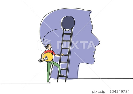 Continuous one line drawing a man carrying lightbulb wants to climb ladder attached to big head silhouette. Patching new ideas. National Creativity Day. Single line draw design vector illustration 134349784