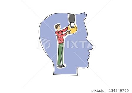 Single one line drawing a man installs a large bulb inside the silhouette of a large head. Stimulate brilliant ideas to come out. National Creativity Day. Continuous line design graphic illustration Single one line drawing a man installs a large bulb inside the silhouette of a large head. Stimulate brilliant ideas to come out. National Creativity Day. Continuous line design graphic illustration 134349790