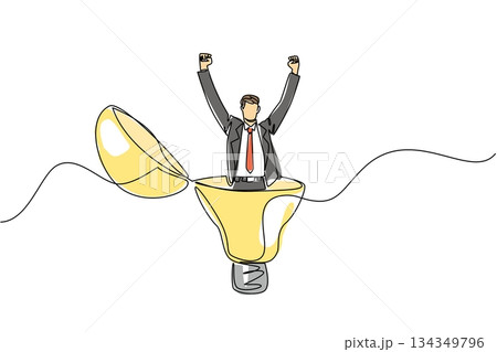 Single one line drawing businessman stands in lightbulb with top open raising hands. Getting out of comfort zone gives best idea. National Creativity Day. Continuous line design graphic illustration Single one line drawing businessman stands in lightbulb with top open raising hands. Getting out of comfort zone gives best idea. National Creativity Day. Continuous line design graphic illustration 134349796