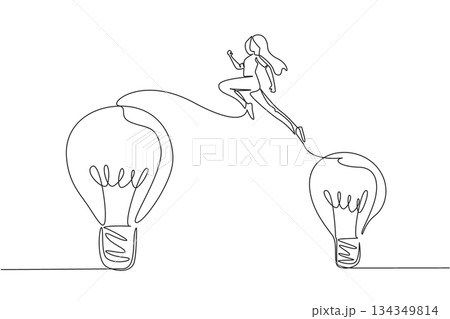 Single one line drawing a woman jumps from a small light bulb to a large light bulb. Freedom of thought that is beneficial. Idea. National Creativity Day. Continuous line design graphic illustration Single one line drawing a woman jumps from a small light bulb to a large light bulb. Freedom of thought that is beneficial. Idea. National Creativity Day. Continuous line design graphic illustration 134349814