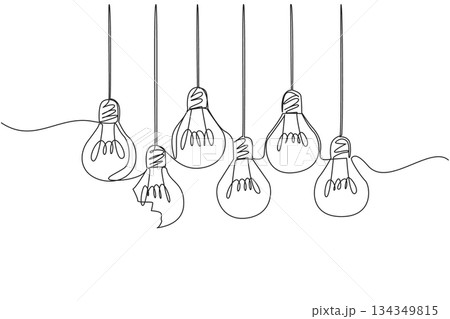 Single one line drawing 6 light bulbs hanging with one bulb broken. Parasite. The group destroyer. The most useless one. Broken. National Creativity Day. Continuous line design graphic illustration Single one line drawing 6 light bulbs hanging with one bulb broken. Parasite. The group destroyer. The most useless one. Broken. National Creativity Day. Continuous line design graphic illustration 134349815