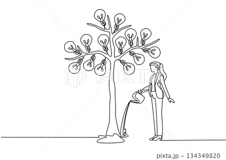 Continuous one line drawing a businesswoman watering big tree bearing many fruits with lightbulb with watering can. Mature thinker. National Creativity Day. Single line draw design vector illustration Continuous one line drawing a businesswoman watering big tree bearing many fruits with lightbulb with watering can. Mature thinker. National Creativity Day. Single line draw design vector illustration 134349820