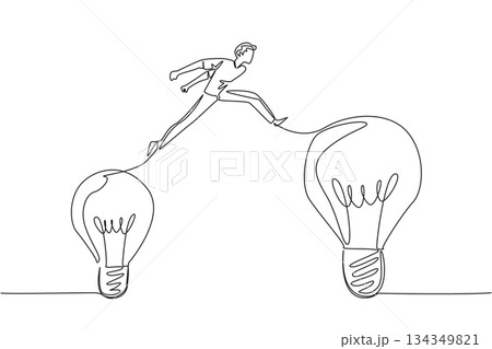 Single one line drawing a man jumps from a small lightbulb to a large light bulb. Moving freely is the result of positive thinking. National Creativity Day. Continuous line design graphic illustration Single one line drawing a man jumps from a small lightbulb to a large light bulb. Moving freely is the result of positive thinking. National Creativity Day. Continuous line design graphic illustration 134349821