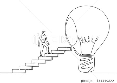 Single one line drawing a man walks up a ladder towards big lightbulb with hole in the center. Closing the gap. Clearing the mind. National Creativity Day. Continuous line design graphic illustration 134349822