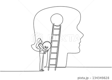 Continuous one line drawing a woman carrying lightbulb wants to climb ladder attached to big head silhouette. Improve way of think. National Creativity Day. Single line draw design vector illustration Continuous one line drawing a woman carrying lightbulb wants to climb ladder attached to big head silhouette. Improve way of think. National Creativity Day. Single line draw design vector illustration 134349828