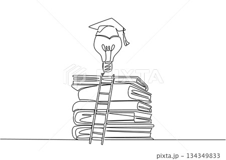 Single one line drawing lightbulb with toga floats above pile of thick books and ladder. Raising level of thinking for graduation. National Creativity Day. Continuous line design graphic illustration Single one line drawing lightbulb with toga floats above pile of thick books and ladder. Raising level of thinking for graduation. National Creativity Day. Continuous line design graphic illustration 134349833