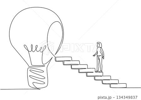 Single continuous line drawing woman walks up ladder towards big lightbulb with hole in center. Education increases the level of thinking. National Creativity Day. One line design vector illustration Single continuous line drawing woman walks up ladder towards big lightbulb with hole in center. Education increases the level of thinking. National Creativity Day. One line design vector illustration 134349837