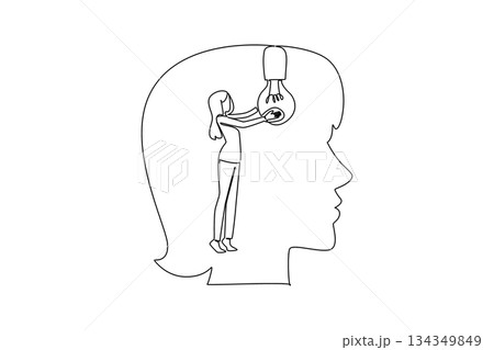 Single continuous line drawing a woman installs a large bulb inside the silhouette of a large head. Helps facilitate reasoning. Genius. National Creativity Day. One line design vector illustration 134349849