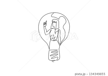 Continuous one line drawing a woman in casual clothes with gestures got an idea in a lightbulb. Have a brilliant and genius idea. National Creativity Day. Single line draw design vector illustration Continuous one line drawing a woman in casual clothes with gestures got an idea in a lightbulb. Have a brilliant and genius idea. National Creativity Day. Single line draw design vector illustration 134349855