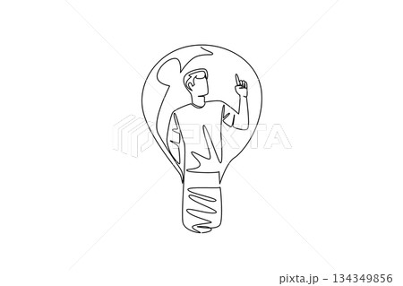 Continuous one line drawing a man in casual clothes with gestures got an idea in a lightbulb. Getting ideas at the right time. National Creativity Day. Single line draw design vector illustration 134349856