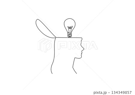 Single one line drawing the top of head is open and there is lightbulb above it. Do some brainstorming. Sensitivity of thinking. National Creativity Day. Continuous line design graphic illustration 134349857