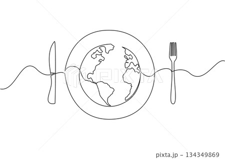 Single continuous line drawing a plate with a globe in the middle with knife and fork on the right and left. Annual problem that keeps happening. World Hunger Day. One line design vector illustration 134349869