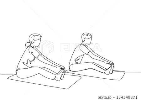 Continuous one line drawing a pair of grandparents stretching legs on the fitness mate. Cooldown. Pilates. Yoga. National Senior Health and Fitness Day. Single line draw design vector illustration Continuous one line drawing a pair of grandparents stretching legs on the fitness mate. Cooldown. Pilates. Yoga. National Senior Health and Fitness Day. Single line draw design vector illustration 134349871