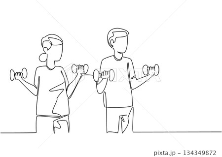 Single one line drawing pair of grandparents stands lifts barbell with both hands. Light barbell release stiffness. National Senior Health and Fitness Day. Continuous line design graphic illustration Single one line drawing pair of grandparents stands lifts barbell with both hands. Light barbell release stiffness. National Senior Health and Fitness Day. Continuous line design graphic illustration 134349872