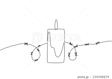 Single continuous line drawing a burning candle behind which is a roll of barbed wire. An organization cares deeply about human rights. Amnesty International Day. One line design vector illustration Single continuous line drawing a burning candle behind which is a roll of barbed wire. An organization cares deeply about human rights. Amnesty International Day. One line design vector illustration 134349874