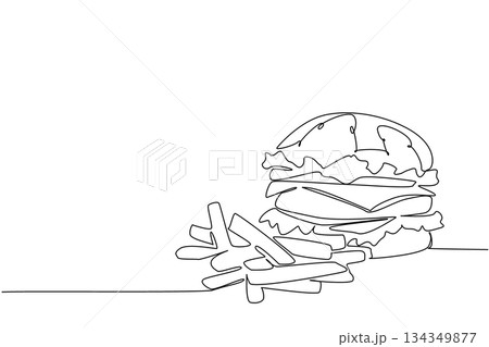 Continuous one line drawing beef burger with french fries on the side. A complete meal menu of protein and carbohydrates. Tasty. National Beef Burger Day. Single line draw design vector illustration 134349877