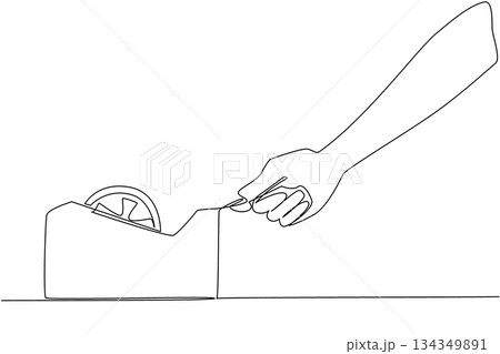 Single one line drawing hand taking isolation from isolation place. Technology for gluing. Transparent clear color. Equipment. National Cellophane Tape. Continuous line design graphic illustration 134349891