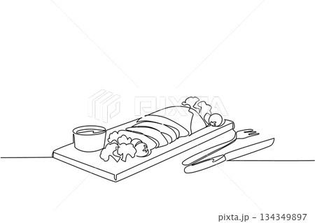 Single one line drawing brisket cut into pieces, broccoli, some tomatoes, small bowl of sauce and knife and fork. Luxurious pleasure. National Brisket Day. Continuous line design graphic illustration 134349897
