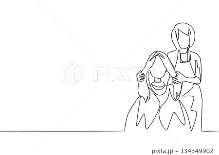 Single continuous line drawing a barber stands holds the hair of woman wearing body covering. Following the trend. National Hairstylist Mental Health Awareness Day. One line design vector illustration 134349902