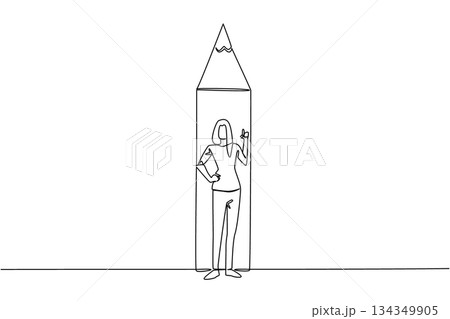 Single one line drawing a woman standing in front of bottom end of pencil with a gesture. Binding the best ideas through writing. National Creativity Day. Continuous line design graphic illustration 134349905
