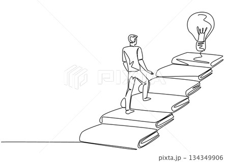 Single one line drawing a man walks on stairs made of books and a floating light bulb. Reading to find the best solution. Idea. National Creativity Day. Continuous line design graphic illustration 134349906