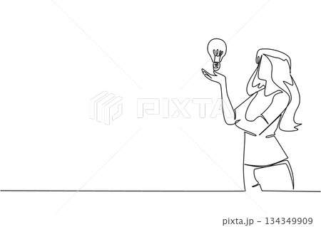 Single one line drawing a woman raises and opens palm with lightbulb floating above palm. Considering the best solution. Genius. National Creativity Day. Continuous line design graphic illustration Single one line drawing a woman raises and opens palm with lightbulb floating above palm. Considering the best solution. Genius. National Creativity Day. Continuous line design graphic illustration 134349909