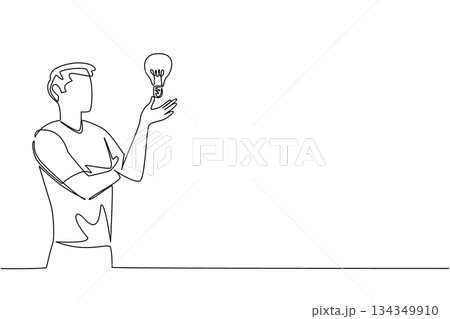 Continuous one line drawing a man raises and opens palm with lightbulb floating above palm. Measuring the best ideas to implement. National Creativity Day. Single line draw design vector illustration Continuous one line drawing a man raises and opens palm with lightbulb floating above palm. Measuring the best ideas to implement. National Creativity Day. Single line draw design vector illustration 134349910
