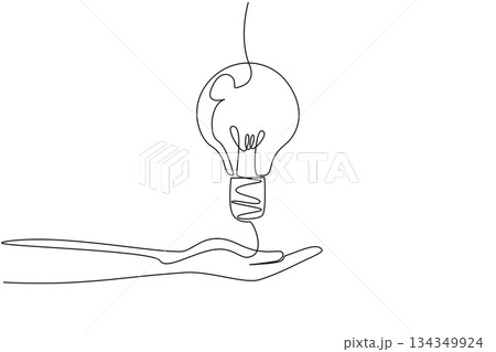 Single one line drawing open palm with lights floating above it. Like magic. Varied out of the box ideas. The power of thinking. National Creativity Day. Continuous line design graphic illustration Single one line drawing open palm with lights floating above it. Like magic. Varied out of the box ideas. The power of thinking. National Creativity Day. Continuous line design graphic illustration 134349924