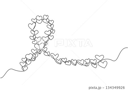 Single continuous line drawing large campaign ribbon formed from collection of small hearts of varying sizes. Caring ribbon. Symbol. World Multiple Sclerosis Day. One line design vector illustration 134349926
