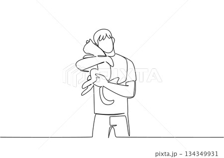 Continuous one line drawing a man in casual clothes hugging a cat with both hands. Love very much a very obedient animal. International Hug Your Cat Day. Single line draw design vector illustration 134349931