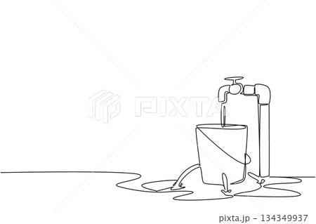 Single continuous line drawing water leaks out of a bucket with holes filled with taps and puddles. Neglect becomes waste. Broken. National Hole In My Bucket Day. One line design vector illustration Single continuous line drawing water leaks out of a bucket with holes filled with taps and puddles. Neglect becomes waste. Broken. National Hole In My Bucket Day. One line design vector illustration 134349937