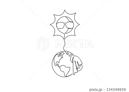 Single one line drawing the earth wiping sweat and the sun wearing glasses. Warning symbols from nature. Global warming. Hot. National Heat Awareness Day. Continuous line design graphic illustration Single one line drawing the earth wiping sweat and the sun wearing glasses. Warning symbols from nature. Global warming. Hot. National Heat Awareness Day. Continuous line design graphic illustration 134349939
