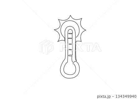 Continuous one line drawing thermometer with red pointer and sun above. Stay home during very hot weather. Heatwave. Warning. National Heat Awareness Day. Single line draw design vector illustration Continuous one line drawing thermometer with red pointer and sun above. Stay home during very hot weather. Heatwave. Warning. National Heat Awareness Day. Single line draw design vector illustration 134349940
