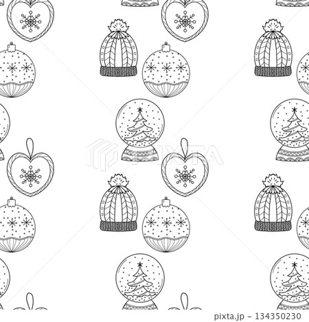 Seamless pattern. Line drawing of winter symbols. Christmas tree decorations, snow globe, hat 134350230