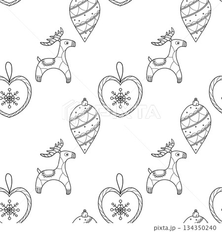 Seamless pattern. Line drawing of winter symbols. Christmas tree decorations 134350240