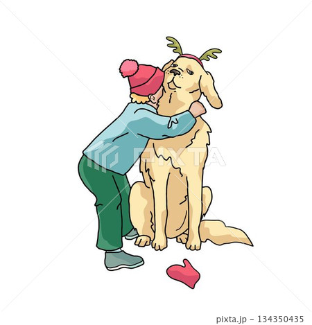 kid in winter outfit and dog with deer antlers 134350435
