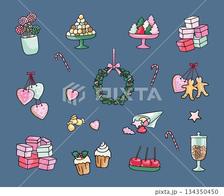 Set of Christmas traditional sweets, decorations and holiday elements festive winter illustration 134350450