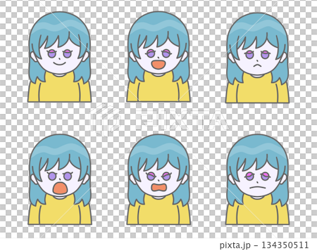 Illustration of a woman with various facial expressions ① Vivid color Sky blue 134350511