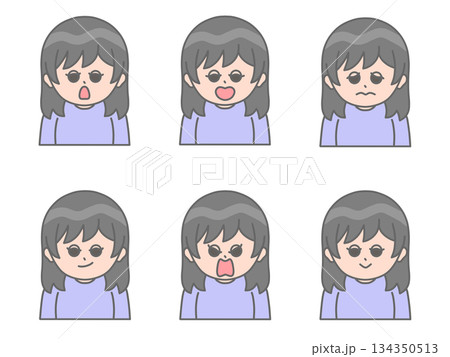 いろんな表情をしている女性のイラスト②　黒髪×紫 134350513
